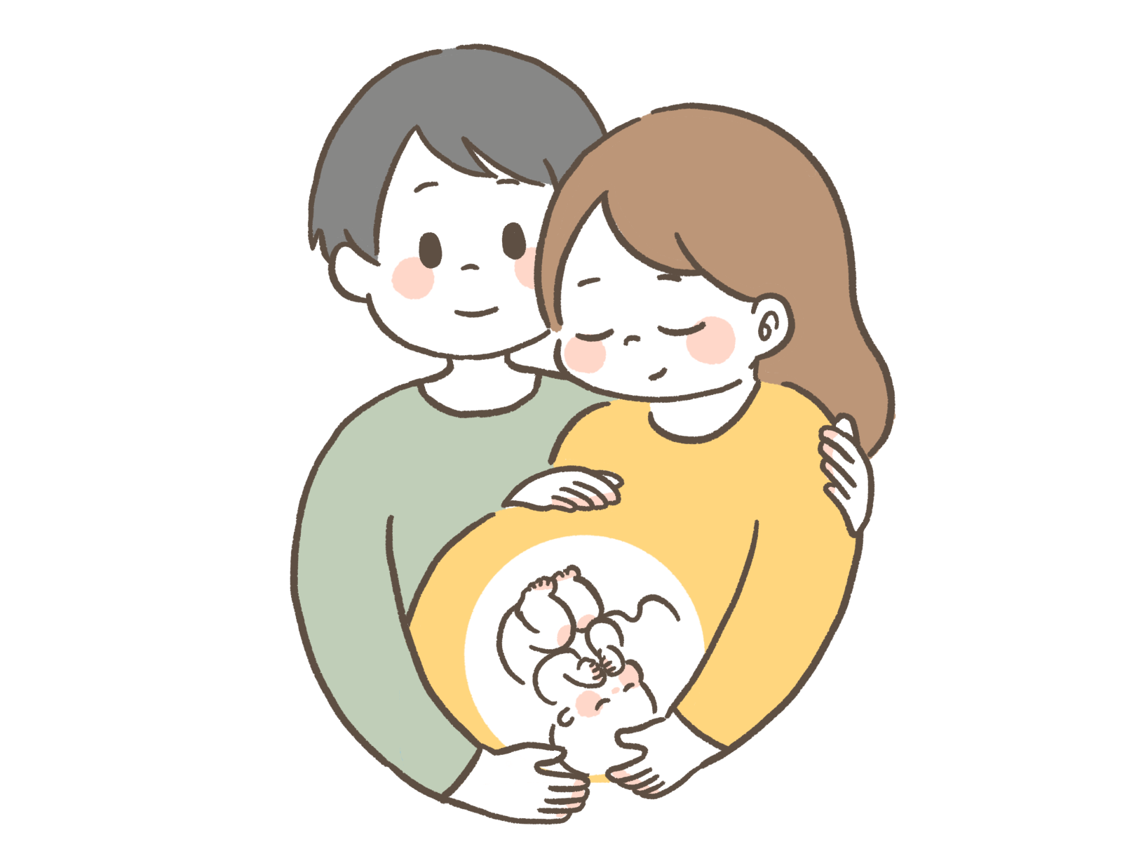お腹を触る妊婦とその家族